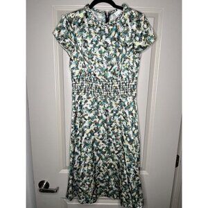 DYVNA Hammered Silk Satin Midi Dress Short Sleeve Green Black Pattern Size 4